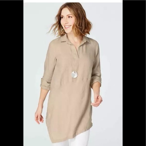 J Jill Love Linen Asymmetrical Lagenlook Minimalistic Oatmeal Tunic Top - Picture 1 of 7